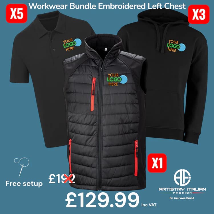 Personalised Workwear Bundle – 5 Polo Shirts, 3 Hoodies, 1 Bodywarmer | Custom Left Chest Embroidery