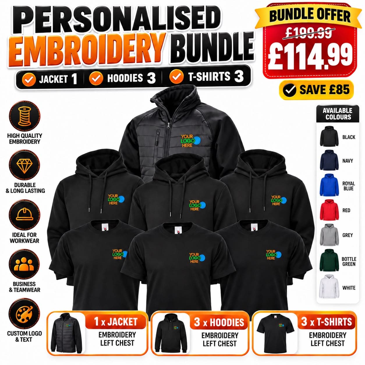 Embroidered Workwear Bundle – 1 Jacket, 3 Hoodies & 3 T-Shirts